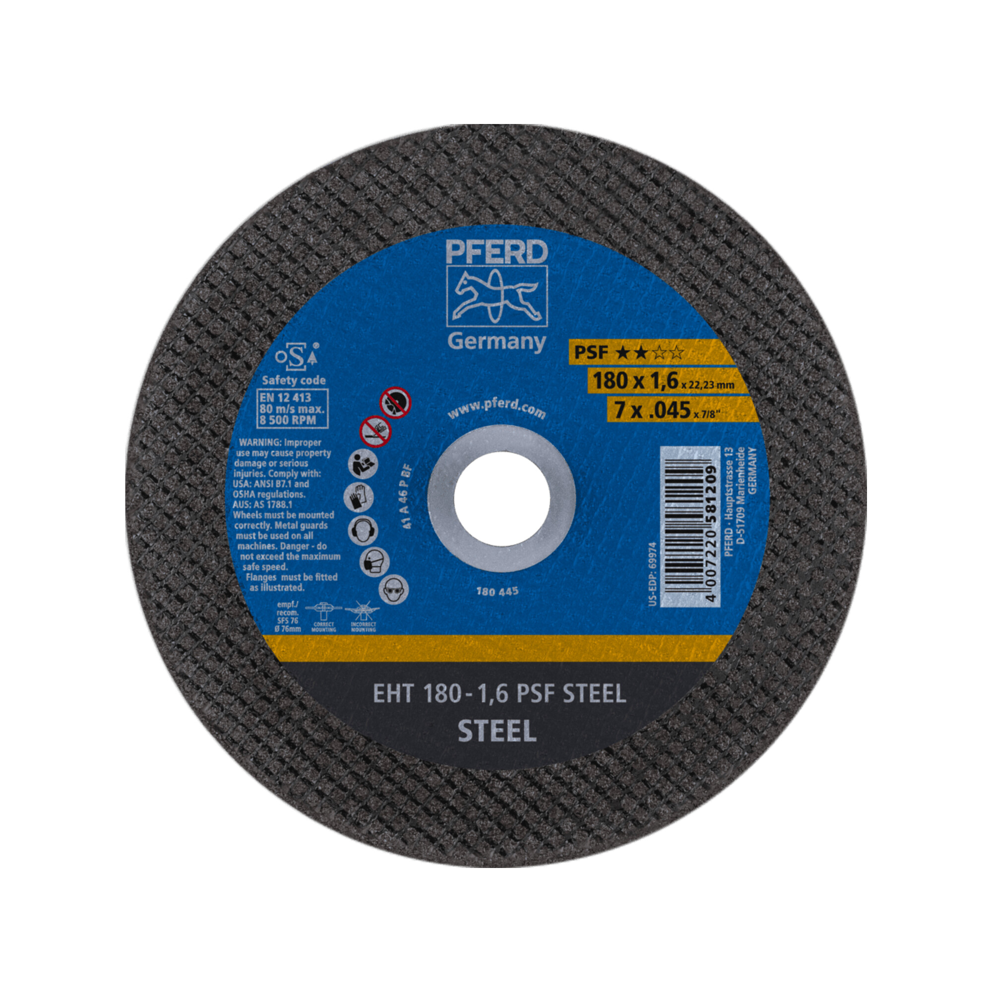 PFERD TOOLS Trennscheibe EHT 180x1,6x22,23 mm gerade Universallinie PSF STEEL für Stahl