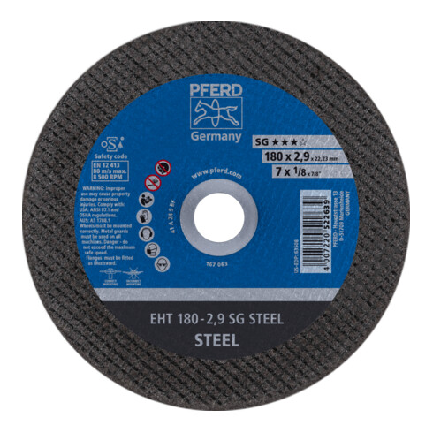 PFERD TOOLS Trennscheibe EHT 180x2,9x22,23 mm gerade Leistungslinie SG STEEL für Stahl
