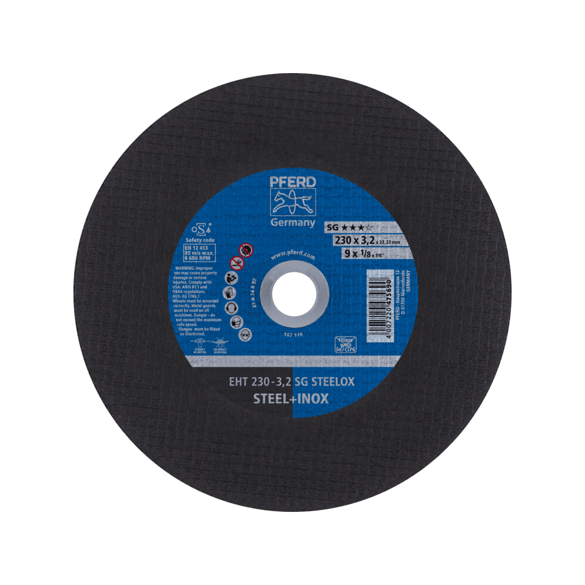 PFERD TOOLS Trennscheibe EHT 230x3,2x22,23 mm gerade Leistungslinie SG STEELOX für Stahl/Edelstahl