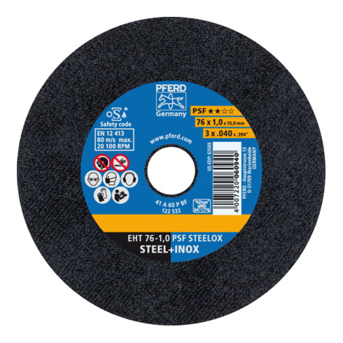 PFERD TOOLS Trennscheibe EHT 76x1,0x10mm gerade Universallinie PSF STEELOX für Stahl/Edelstahl