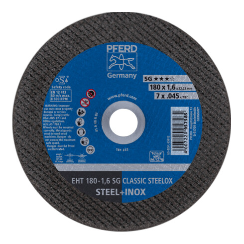 PFERD Trennscheibe EHT 180x1,6x22,23 mm gerade Leistungslinie SG CLASSIC STEELOX für Stahl/VA