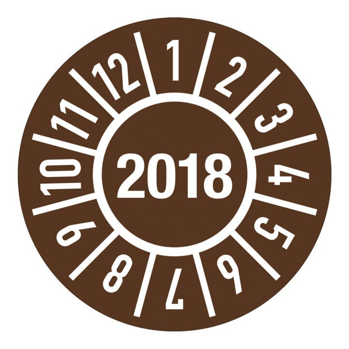 Étiquette de contrôle annuel D.15mm Année 2018 avec mois Film Boîte de 100 pcs