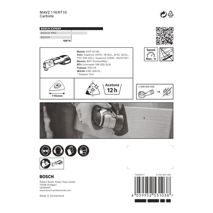 Plateau de ponçage Bosch Expert MAVZ 116 RT10 Lame pour outils multifonctions, 116 mm