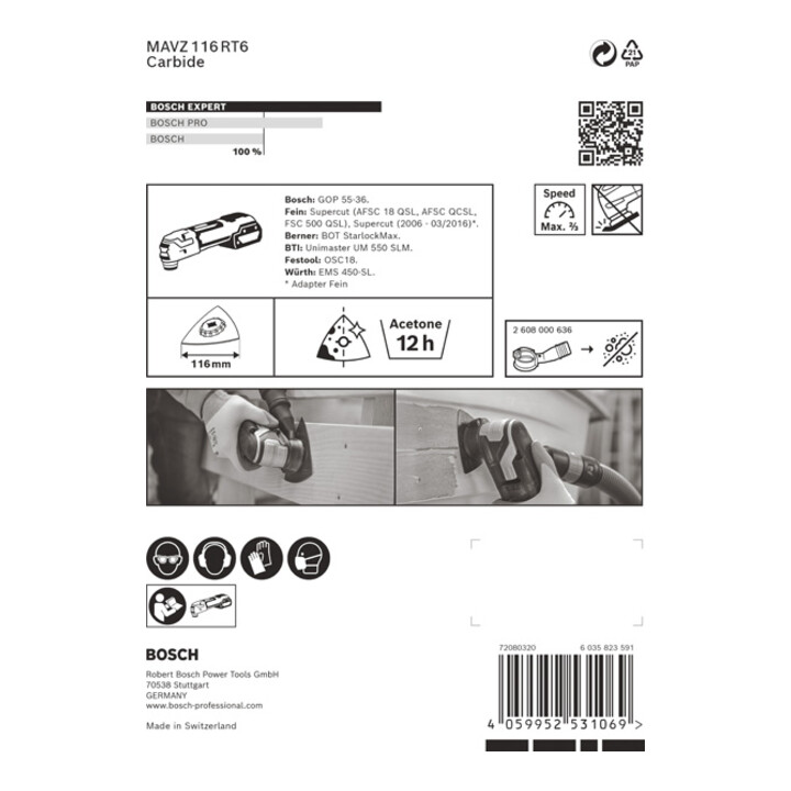 Plateau de ponçage Bosch Expert MAVZ 116 RT6 Lame pour outils multifonctions, 116 mm