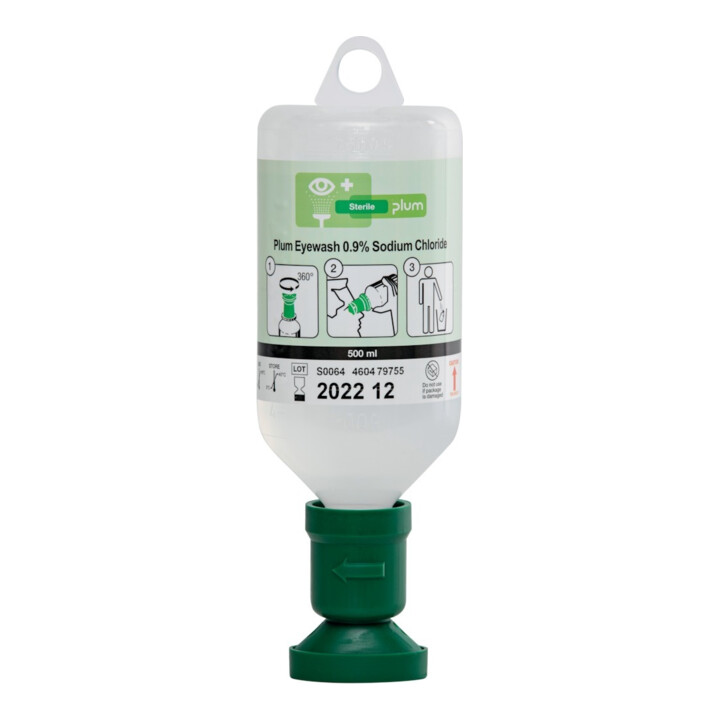 PLUM Eyewash 0,9 % sodium chloride 500 ml, m. Staubkappe