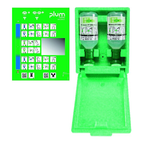 PLUM Station de rinçage oculaire, incl. 2 flacons 500 ml, panneau mural, miroir