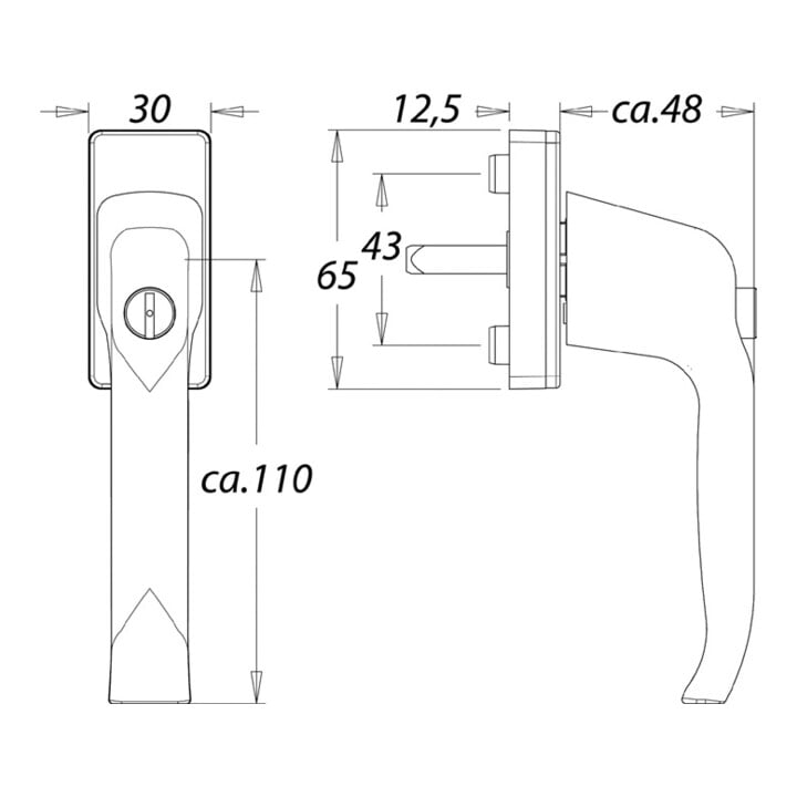 Poignée de fenêtre EDI 1003A en saillie avec cylindre de poussée Aluminium 10 mm Taille du carré 7 mm