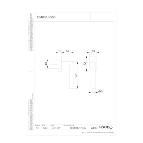 Poignée de fenêtre Hoppe Ams.E0400/US956 VA F69 32-42mm Secustik®/VarioFit®/ VarioFit