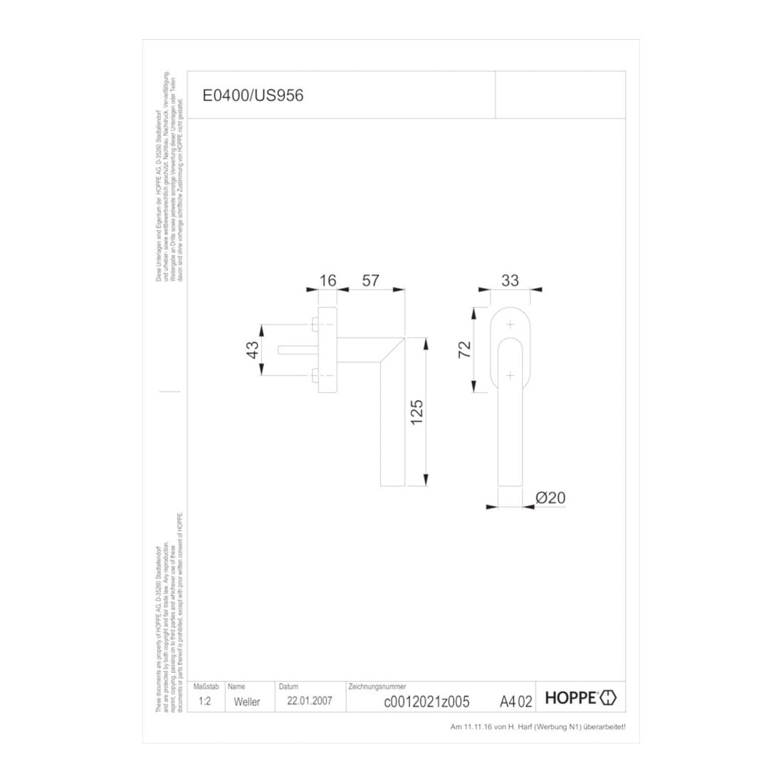 Poignée de fenêtre Hoppe Ams.E0400/US956 VA F69 32-42mm Secustik®/VarioFit®/ VarioFit