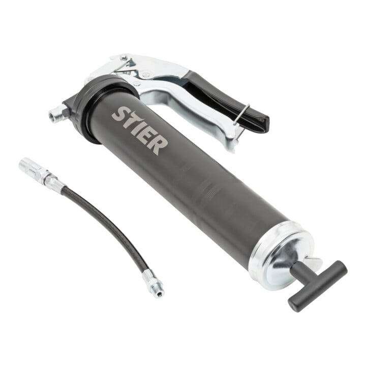 Set STIER Presse à graisse à une main avec tuyau en nylon + Lingettes industrielles multi-usages, 80 pièces