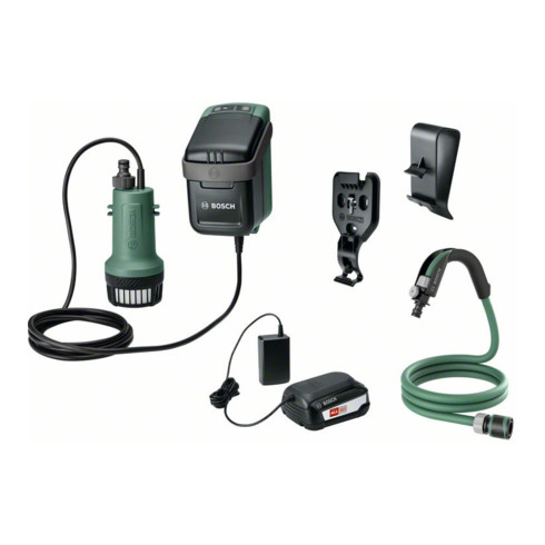 Pompes à eau de pluie à batterie Bosch GardenPump 18, tuyau 2,5 m, batterie 18V 2,5Ah, chargeur