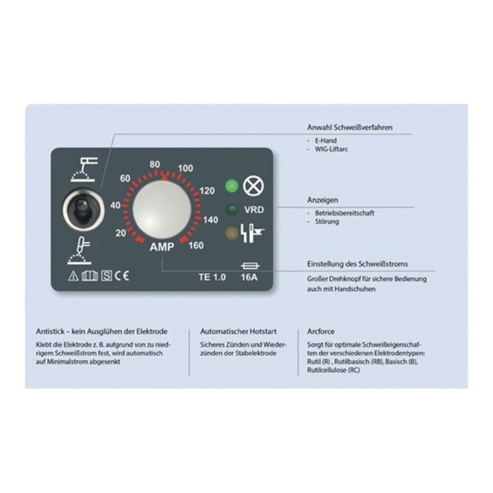 Poste à souder à l'arc avec électr. enr. MMA 160 Set avec accessoires 10 - 150 A
