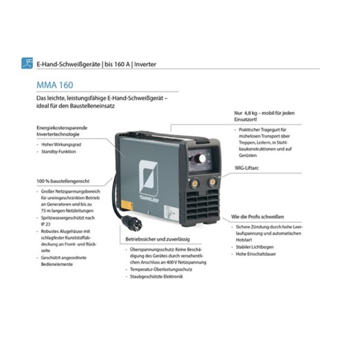Poste à souder à l'arc avec électr. enr. MMA 160 Set avec accessoires 10 - 150 A