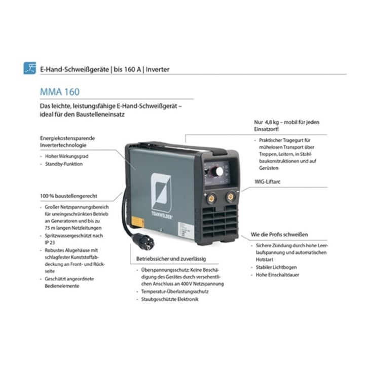Poste à souder à l'arc avec électr. enr. MMA 160 Set avec accessoires 10 - 150 A