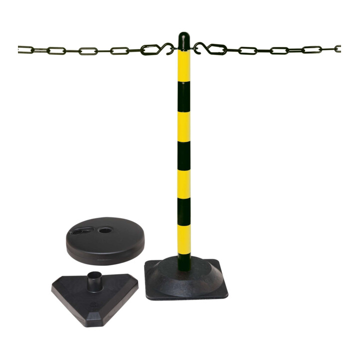 Potelets de balisage à chaîne avec pied triangulé noir/jaune Moravia 10 m de chaîne + pièces d'assemblage + 6 crochets
