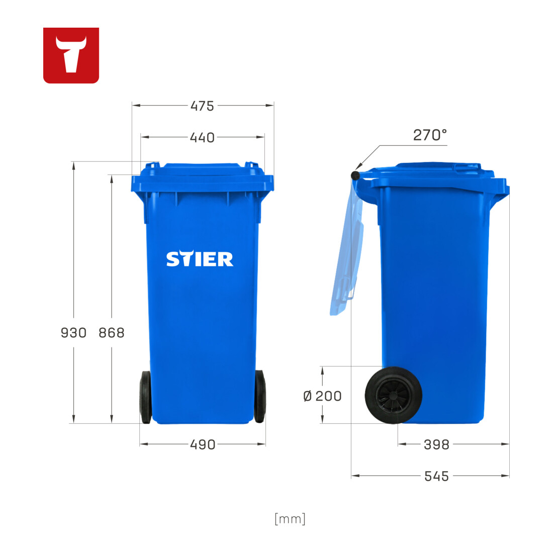 Poubelle grande capacité à 2 roues STIER, 120 l, bleue, lxPxH 475x550x930 mm