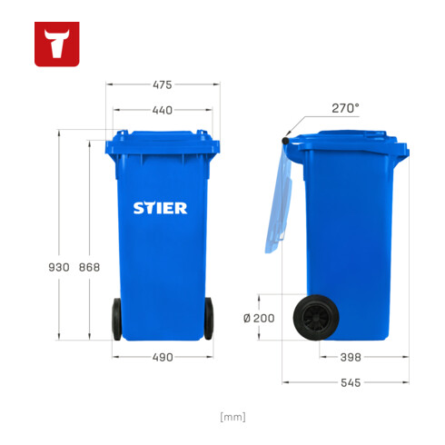 Poubelle grande capacité à 2 roues STIER, 120 l, bleue, lxPxH 475x550x930 mm
