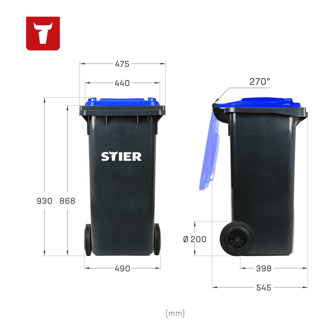Poubelle grande capacité à 2 roues STIER, 120 l, gris/bleu, lxPxH 475x550x930 mm