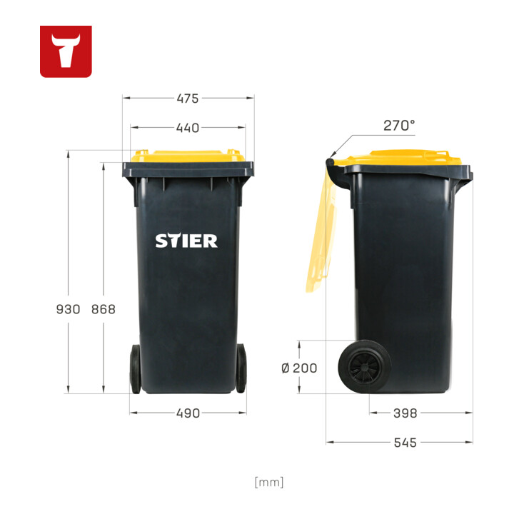 Poubelle grande capacité à 2 roues STIER, 120 l, gris/jaune, lxPxH 475x550x930 mm