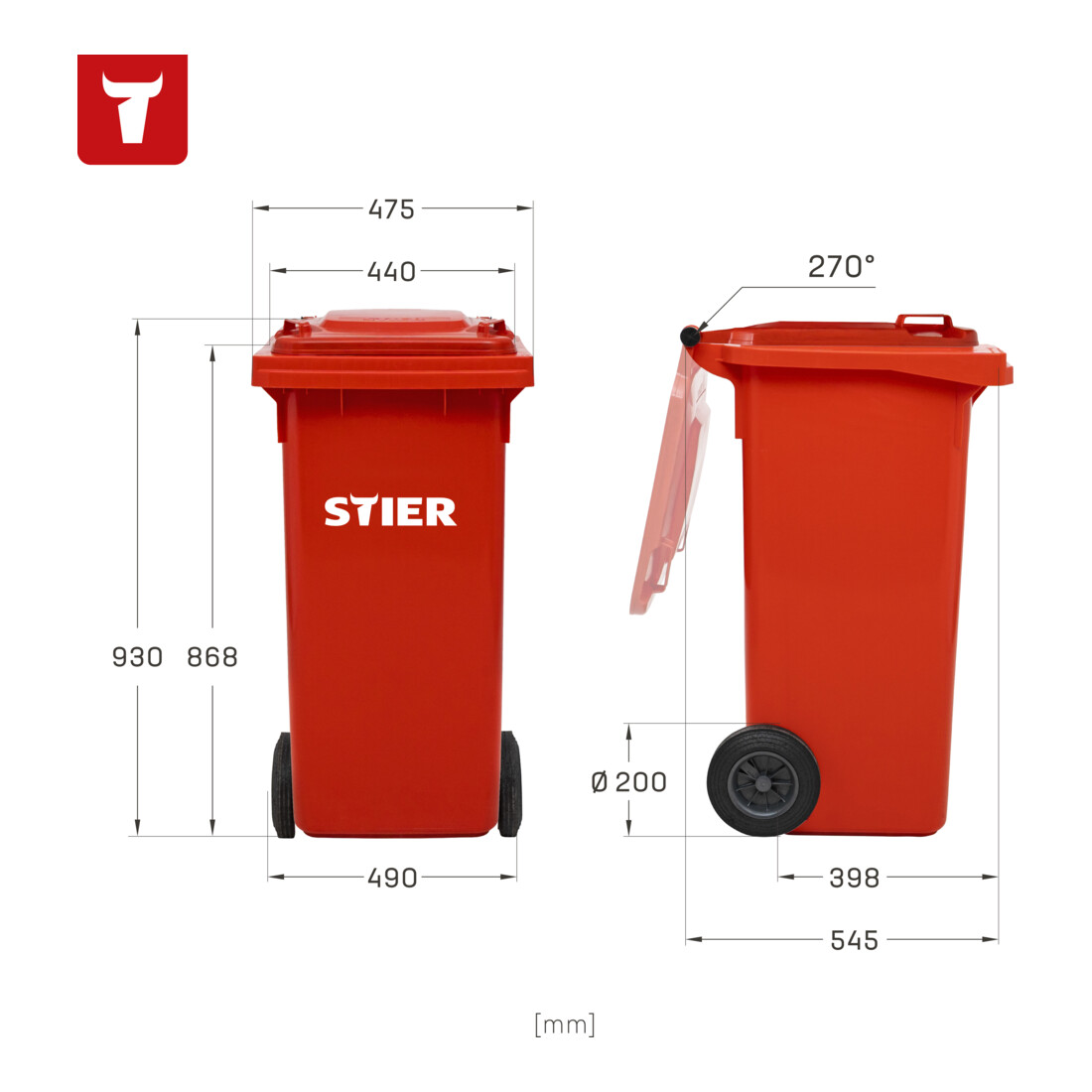 Poubelle grande capacité à 2 roues STIER, 120 l, rouge, lxPxH 475x550x930 mm