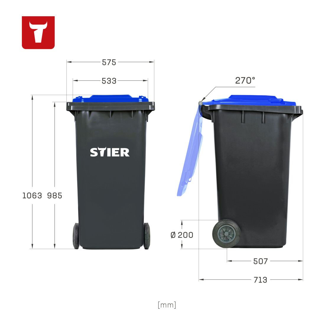 Poubelle grande capacité à 2 roues STIER, 240 l, gris/bleu, lxPxH 576x720x1 067 mm