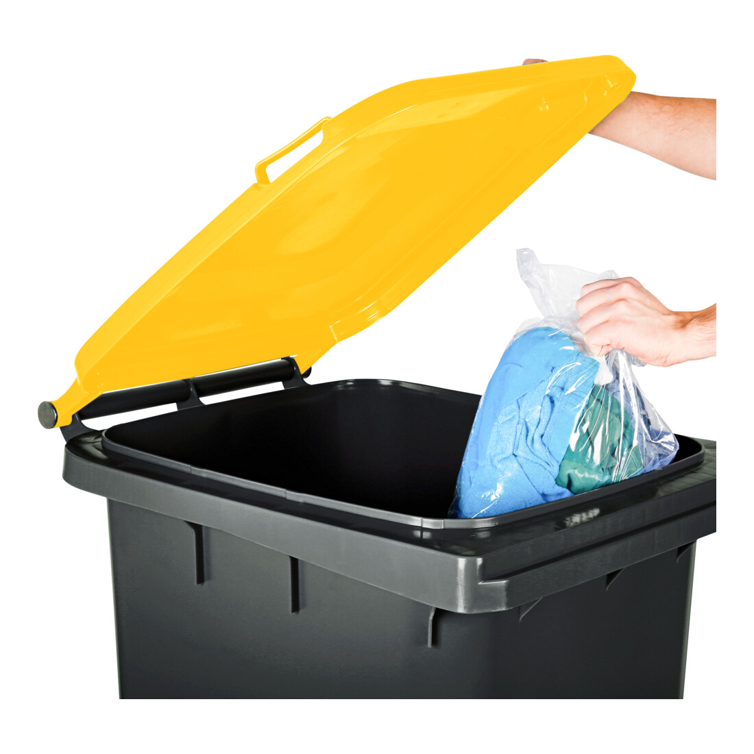 Poubelle grande capacité à 2 roues STIER, 240 l, gris/jaune, lxPxH 576x720x1 067 mm