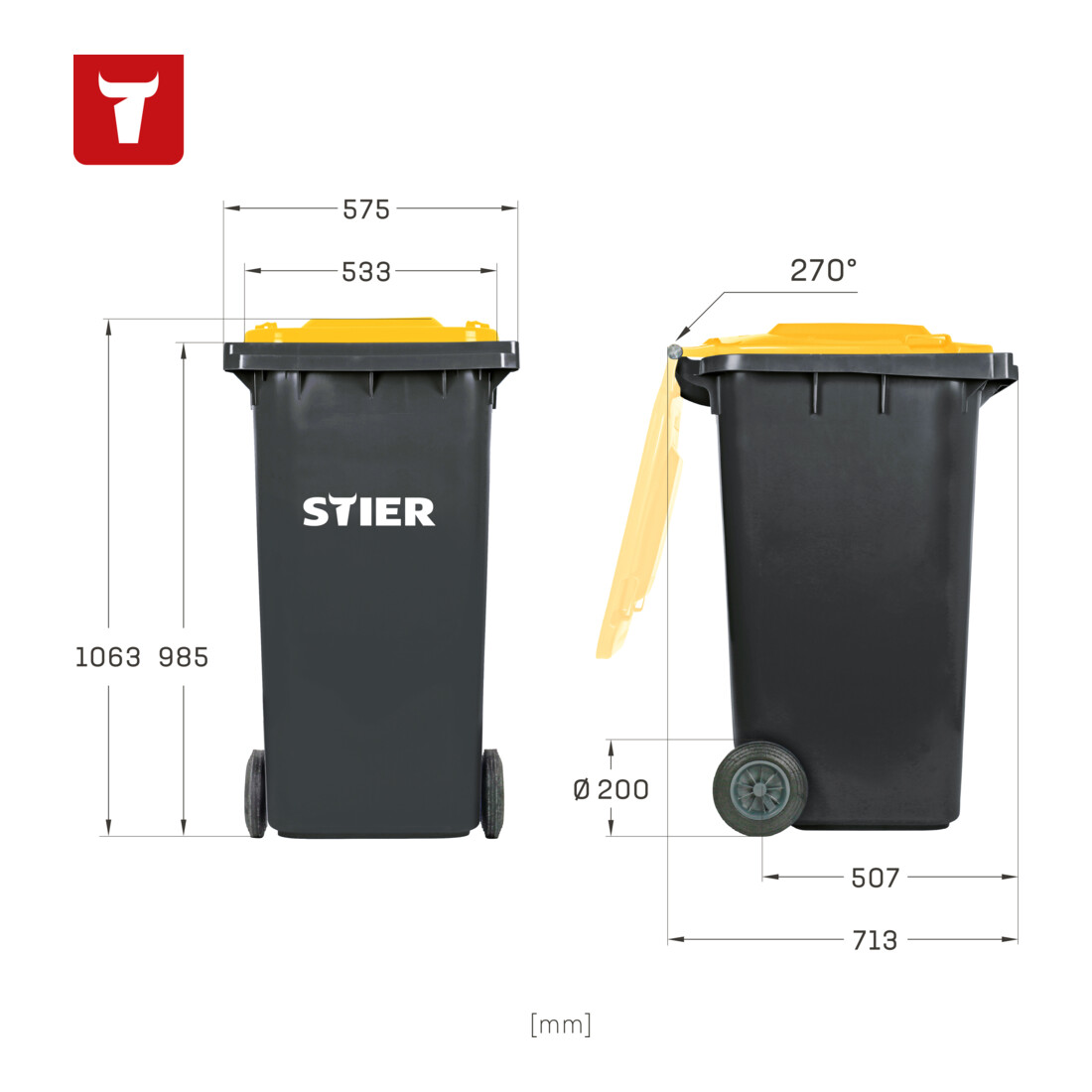 Poubelle grande capacité à 2 roues STIER, 240 l, gris/jaune, lxPxH 576x720x1 067 mm