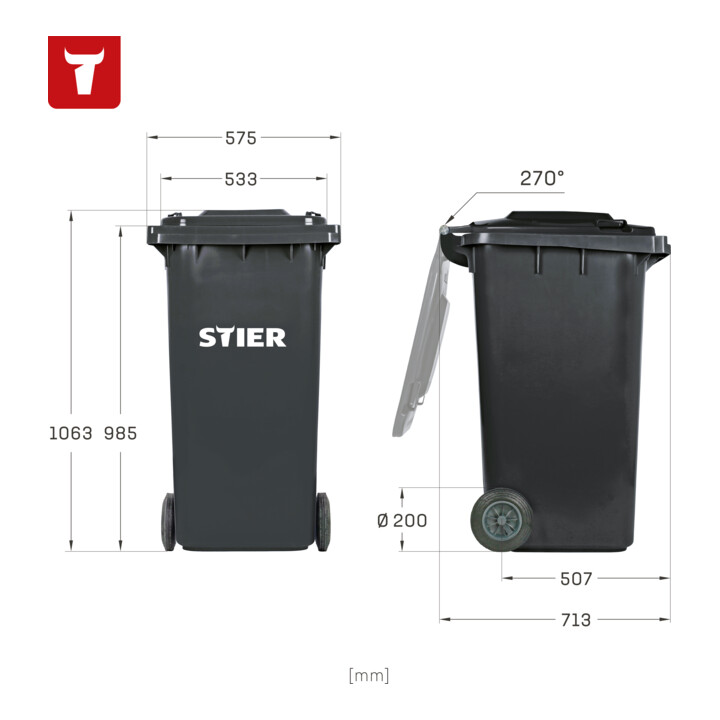 Poubelle grande capacité à 2 roues STIER, 240 l, grise, lxPxH 576x720x1 067 mm