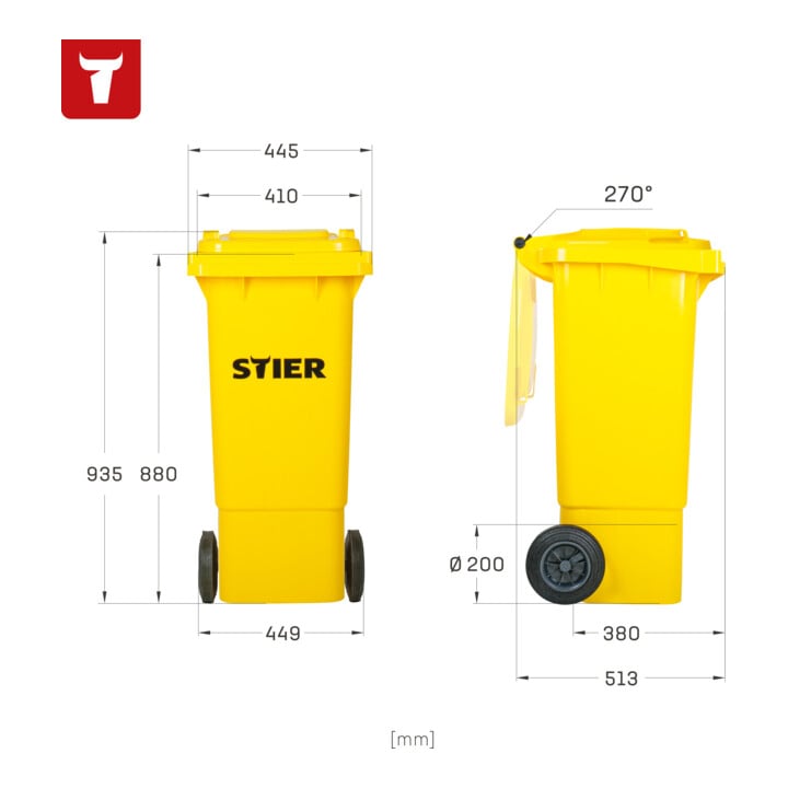 Poubelle grande capacité à 2 roues STIER, 80 l, jaune, lxPxH 445x520x939 mm