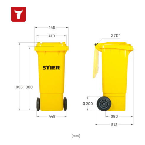 Poubelle grande capacité à 2 roues STIER, 80 l, jaune, lxPxH 445x520x939 mm