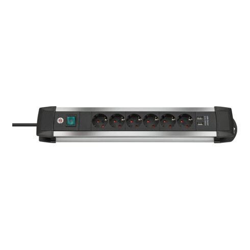 Premium-Alu-Line Steckdosenleiste mit USB-Ladefunktion 6-fach 3m H05VV-F 3G1,5