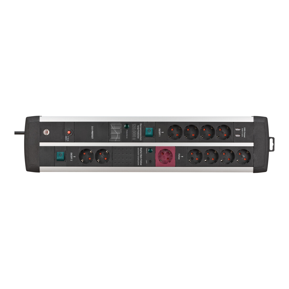 Premium-Protect-Line 120.000A Überspannungsschutz-Automatiksteckdosenleiste mit USB-Ladefunktion 11-fach Duo 3m H05VV-F 3G1,5 1xMaster 4xSlave 4xPermanent