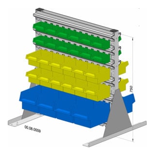 Présentoir fixe bilatéral 56 bacs de rangement PS laqué à la poudre gris clair, 720x750 mm