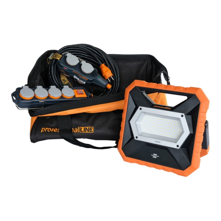 ProfessionalLINE industriële montageset, tas, mobiele batterij LED-spot X 4000 MA, powerblock met verlengkabel, stopcontactblok met schakelaar