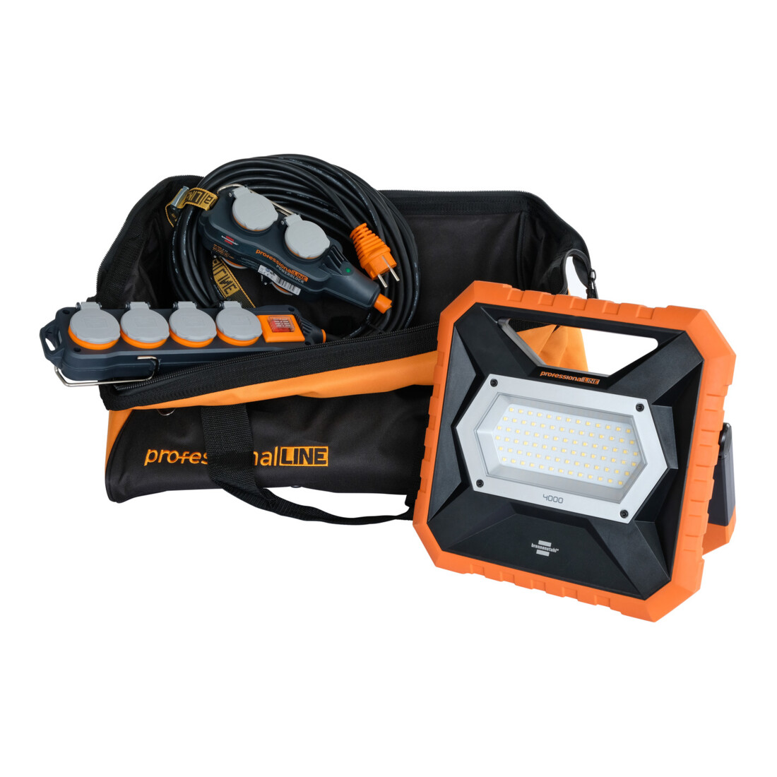 ProfessionalLINE industriële montageset, tas, mobiele batterij LED-spot X 4000 MA, powerblock met verlengkabel, stopcontactblok met schakelaar