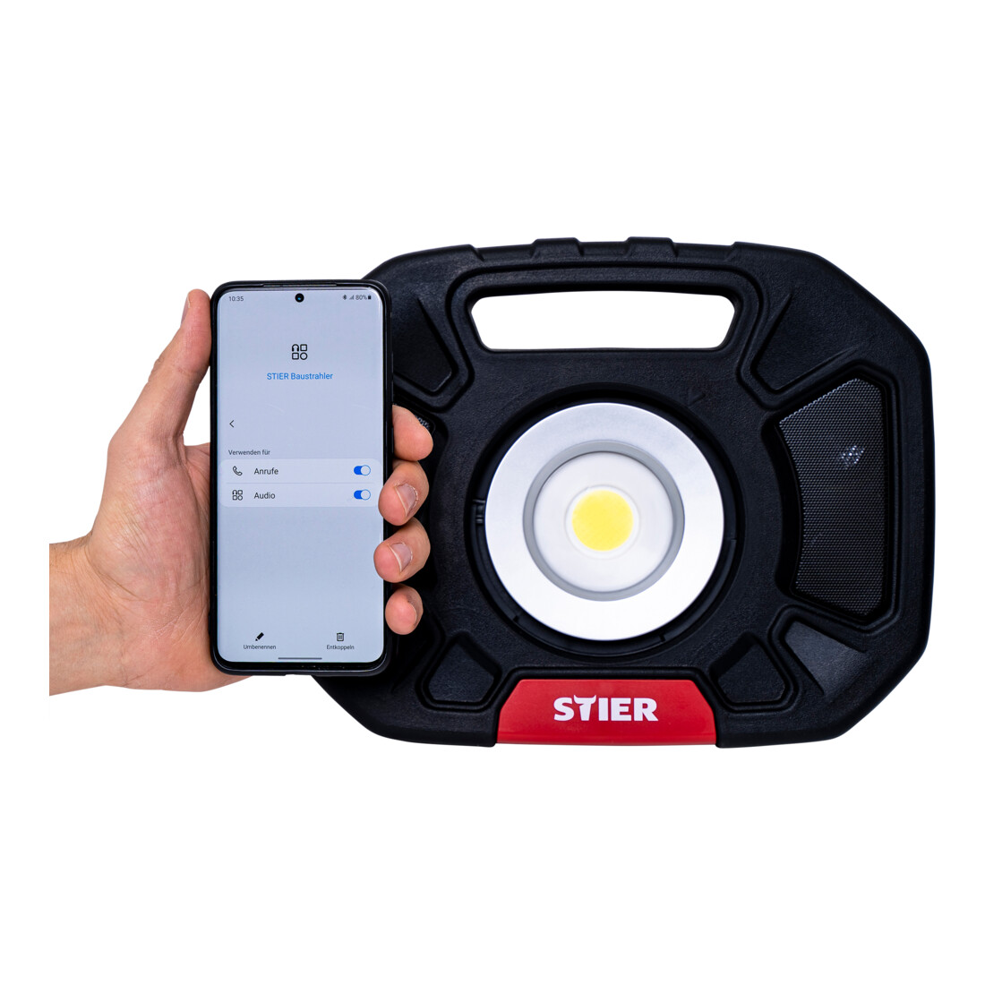 Projecteur de chantier à LED COB sans fil STIER, 4 000 lumens, 40 W, avec haut-parleur Bluetooth