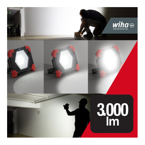 Projecteur de chantier sans fil Wiha 30 W, 3 000 lm, 3 modes d’éclairage avec pied & aimant