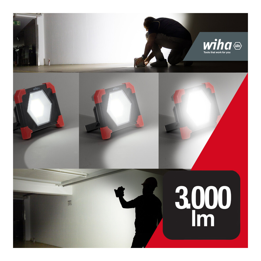 Projecteur de chantier sans fil Wiha 30 W, 3 000 lm, 3 modes d’éclairage avec pied & aimant