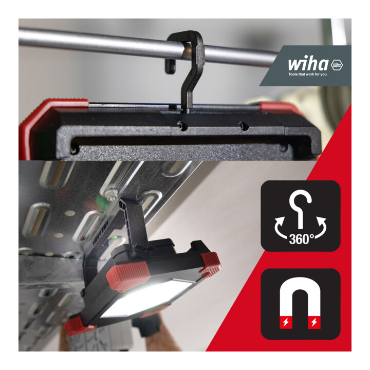 Projecteur de chantier sans fil Wiha 30 W, 3 000 lm, 3 modes d’éclairage avec pied & aimant