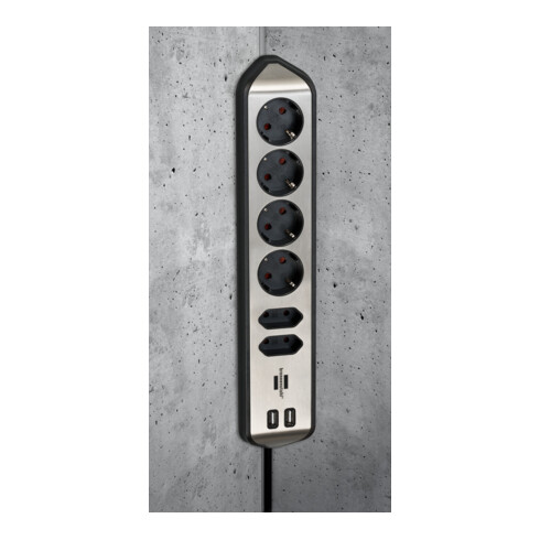 Prolongateur multiprise Brennenstuhl estilo avec fonction de charge USB 6 voies 4x contact de la terre& 2x Euro argent/noir