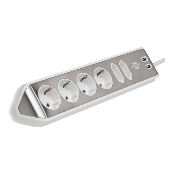 Prolongateur multiprise Brennenstuhl estilo avec fonction de charge USB 6 voies 4x Prises de contact de protection& 2x Euro argent/blanc
