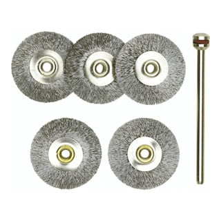 Proxxon Brosses à roue, acier, 22 mm, 5 pièces + 1 support