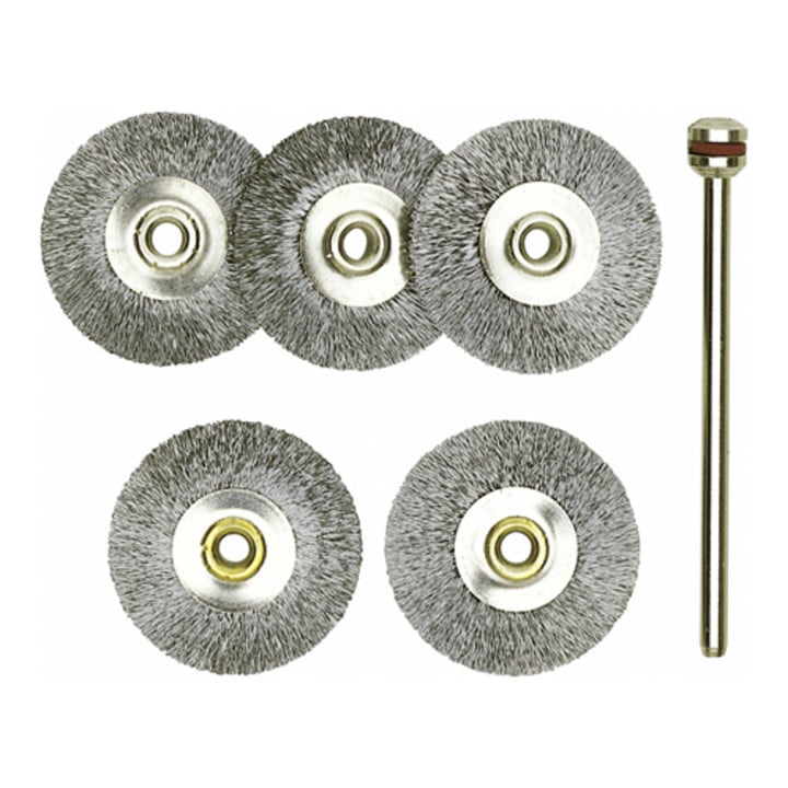Proxxon Brosses à roue, acier, 22 mm, 5 pièces + 1 support