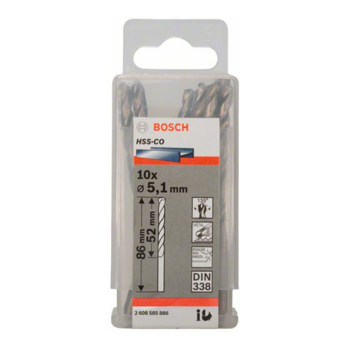Bosch Punta trapano HSS-Co DIN 338 per metallo, 5,1x52x86mm