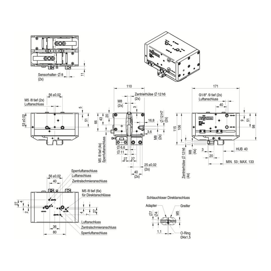 RÖHM Pince pneumatique à grand déplacement RGP- LA25 2x12H7/M8 BH40 SP ZS