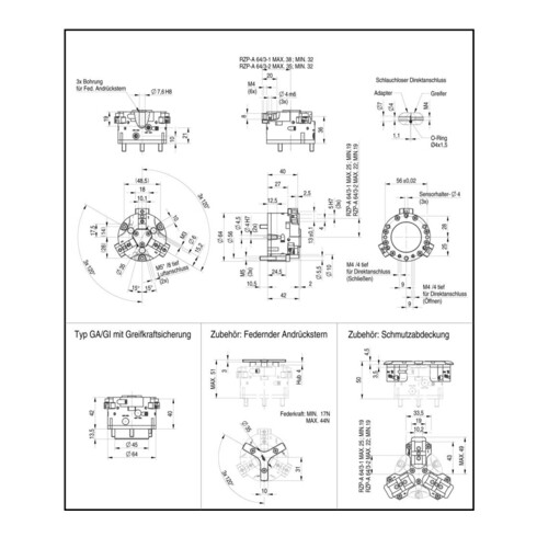 RÖHM Pinces pneumatiques centrées RZP-A LKR56 3xM5 KH7,2BH3