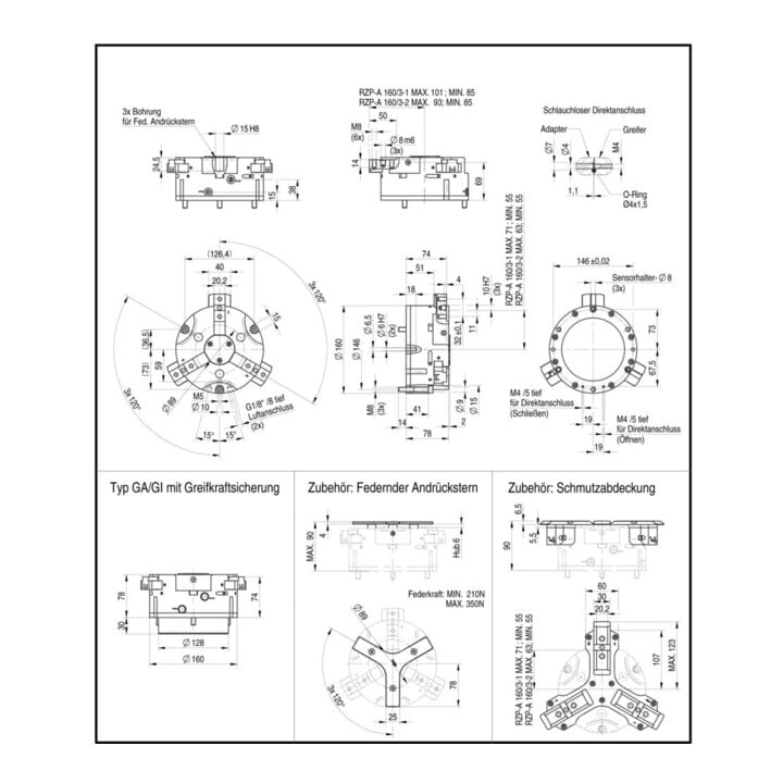 RÖHM Pinces pneumatiques centrées RZP-A1 LKR146 3xM8 KH16 H8