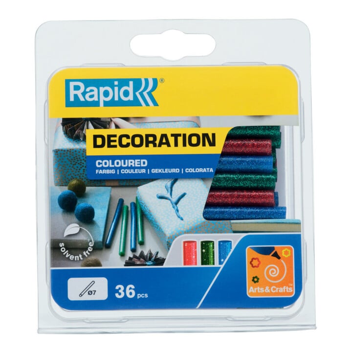 Rapid Bâtons de colle paillettes, diamètre 7 x 90 mm 36 pcs rouge, vert et bleu blister