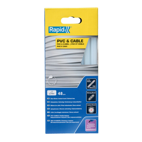 Rapid Bâtons de colle PVC/Câble, diamètre 12 x 190 mm, 48 pcs carton
