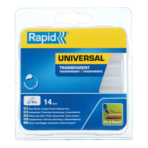 Rapid Bâtons de colle universels transparents, diamètre 12 x 94 mm, 14 pcs blister